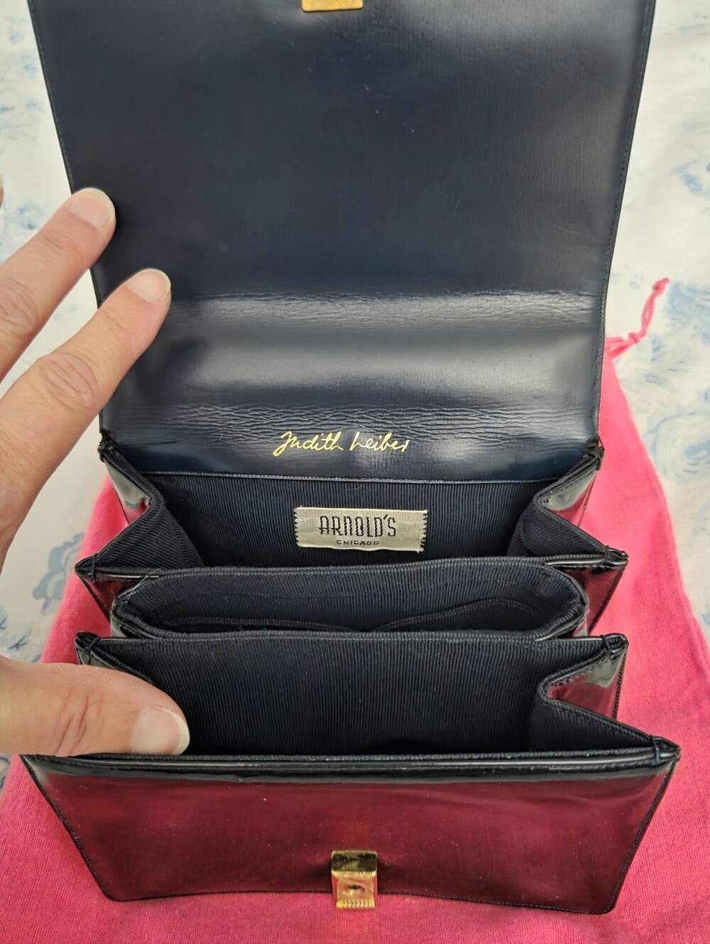 Judith Leiber Black Patent Leather Top-Handle Box Bag with Gold Hardware - Picture 2 of 11